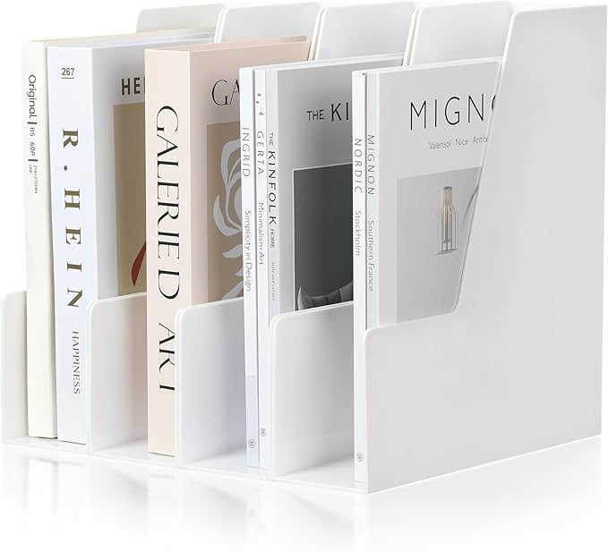Vertical Magazine File Holder, Desk Organizer and Storage for Magazines, Binders, Notebooks, Envelopes, Multi-Purpose Desktop File Organizer for Home, Office & Classroom, 4 Pack, White
