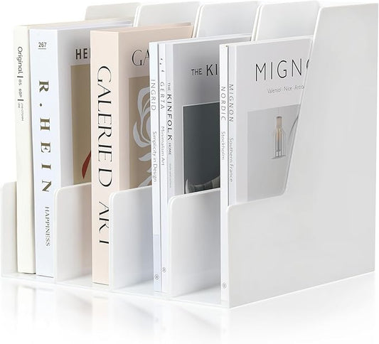Vertical Magazine File Holder, Desk Organizer and Storage for Magazines, Binders, Notebooks, Envelopes, Multi-Purpose Desktop File Organizer for Home, Office & Classroom, 4 Pack, White