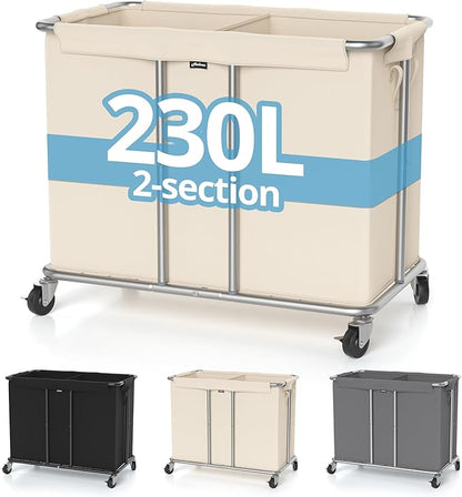 230L Rolling Laundry Hamper, 2-Section Laundry Basket with Wheels, 61 Gallons Laundry Sorter with Metal Structure and Removable Liner, Clothes Hamper for Laundry Room, Bathroom, Bedroom, Beige