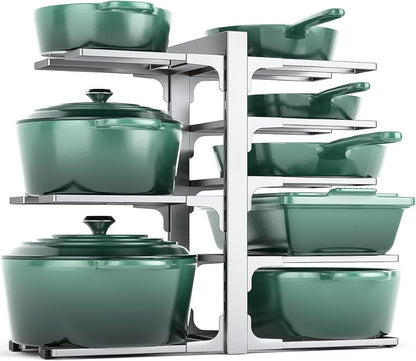 MUDEELA 8-Tier Pots and Pans Organizer under Cabinet, 15.83" Height Heavy Duty Pot Pan Organizer Kitchen Cabinet Organization and Storage, Adjustable Pot Rack for Frying Pan, Cast Iron Skillet, Sliver