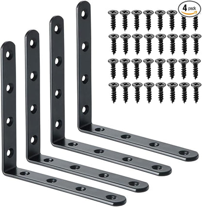 Alise 4 PCS L Brackets Heavy Duty Corner Bracket, 5 X5 Inch Black Floating Shelf Brackets for Shelves, Stainless Steel L Shape Wall Mounting Brackets, Metal L Joint Angle Bracket for Wood Shelving