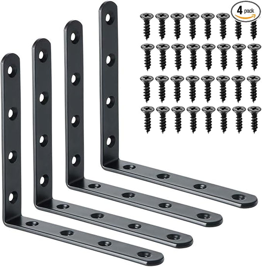 Alise 4 PCS L Brackets Heavy Duty Corner Bracket, 5 X5 Inch Black Floating Shelf Brackets for Shelves, Stainless Steel L Shape Wall Mounting Brackets, Metal L Joint Angle Bracket for Wood Shelving