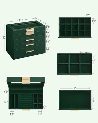 SONGMICS GISELLA Collection - Jewelry Box Organizer, 4-Layer Jewelry Storage with 3 Drawers, Shiny Metal Hardware, Glass Lid, Modern, 6 x 9.9 x 8.5 Inches, Forest Green and Gold Color UJBC161G01