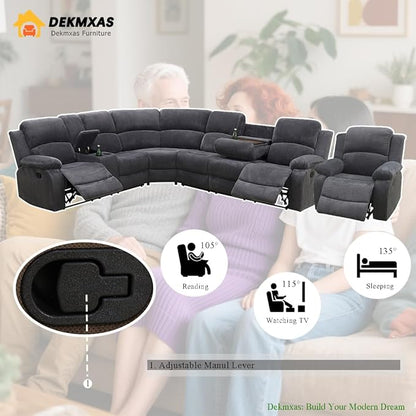 Dark Grey Corduroy Reclining Sectional Sofa Set, Living Room Furniture Sets, Sectional Maunal Recliner Sofa and Chair with Cup Holders, Drop-Down Table,Storage Console for Living Room,Bedroom