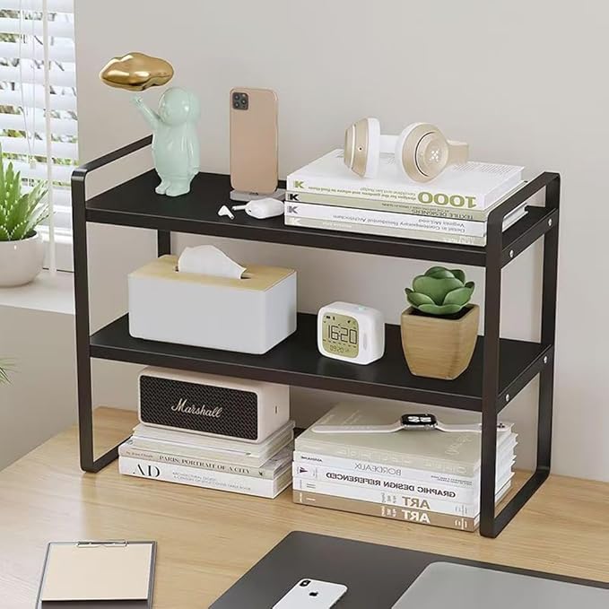 Hbluefat Desktop Organizer Shelf, 2-Tier Multipurpose Tabletop Storage Bookshelf, Small Wooden Countertop Storage Rack for Home Office Kitchen (Black+Black)
