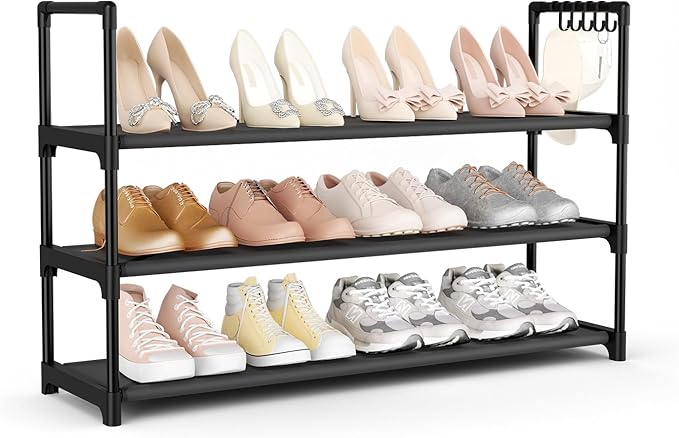Shoe Rack for Closet Shoe Organizer Space Saver Storage for 12-15 Pair Shoe Shelf with Hook Free Standing 3 Tier Shoe Rack Organizer for Entryway, Small Spaces, Black