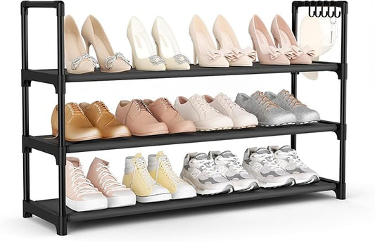 Shoe Rack for Closet Shoe Organizer Space Saver Storage for 12-15 Pair Shoe Shelf with Hook Free Standing 3 Tier Shoe Rack Organizer for Entryway, Small Spaces, Black
