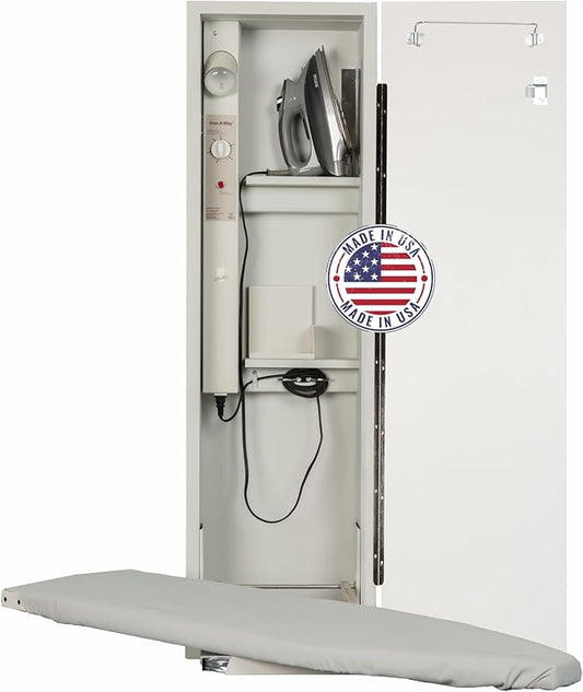 Iron-A-Way Built-In Ironing Center with 42 Inch Swiveling Ironing Board, Electrical System, Hot Iron Storage and Raised White Panel Door-AE42RWU