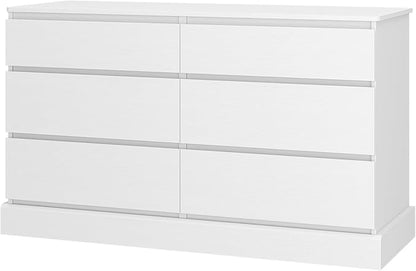 DICTAC 6 Drawers Dresser for Bedroom, White Modern Chest of Drawers, Storage Tower Clothes Organizer Closet, Long Double Dresser with No Handle Drawers, Dimensions 51.6''L x 15.7''D x 29.3''H