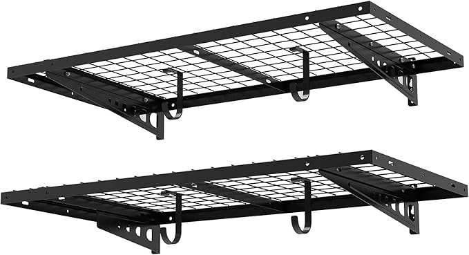 FLEXIMOUNTS 2 Pack 2x4ft Garage Storage with 4 Hooks 24x48 inch Bike Wall Shelving Rack, 660lbs Total Weight Capacity, Black, Pro Series