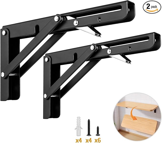 Yarssihha 8 Inch Folding Shelf Bracket, 2 Pack Heavy Duty Wall Mounted Foldable Brackets, Space-Saving Metal Collapsible Shelf Brackets, Max Load:180lbs