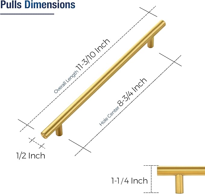 JOY DECOR 60 Pack Cabinet Handles, Gold Cabinet Pulls, 8-3/4 in Hole Center Kitchen Cabinet Handles, Stainless Steel T Bar Handles for Dresser Drawers