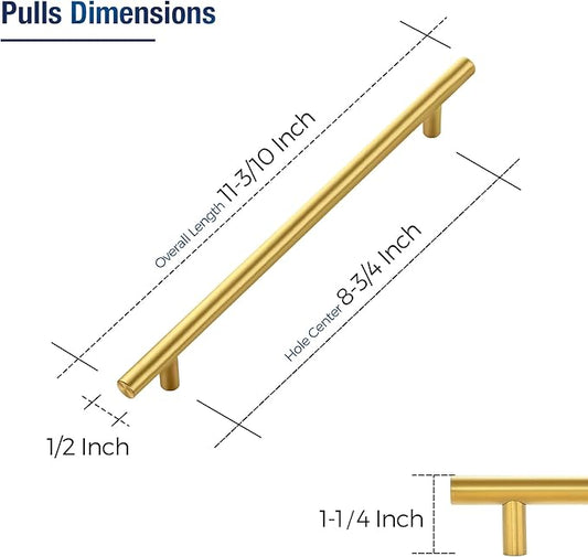 JOY DECOR 60 Pack Cabinet Handles, Gold Cabinet Pulls, 8-3/4 in Hole Center Kitchen Cabinet Handles, Stainless Steel T Bar Handles for Dresser Drawers