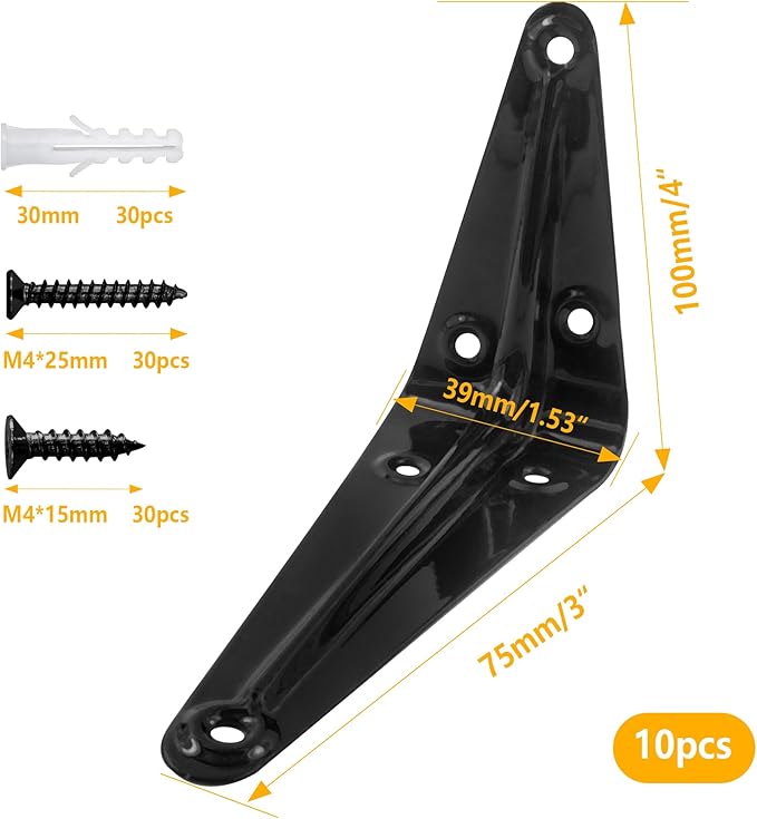 Lilaly 10 Pack Shelf Brackets 4 Inch Shelf Bracket, Heavy Duty L Brackets for Shelves for Hanging Floating Shelves Brack with Screws and Wall Anchors(3"x4",Black)