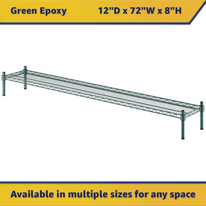 12" x 72" x 8" Green Epoxy Wire Storage Shelf, Dunnage Rack, Commercial 1 Tier Small Shelf