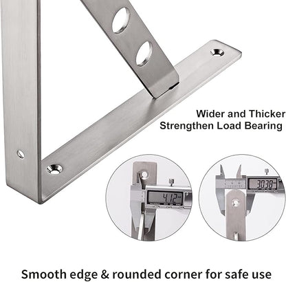 YUMORE Shelf Bracket 12", Stainless Steel Heavy Duty L Shaped Brackets Wall Mounted Floating Table Support with Hanging Holes Corner Brace 4mm Right Angle Joint Brackets, 2pcs, Max Load 400lbs