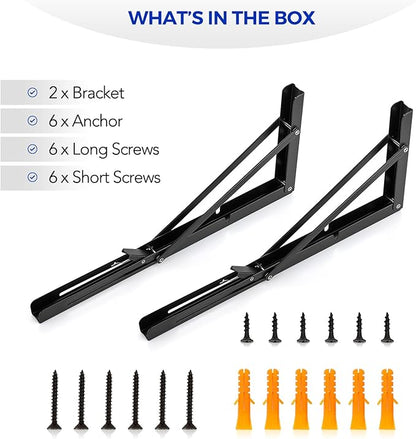 Ravinte 2 Pack 16 Inch Folding Shelf Brackets – Matte Black, Heavy Duty Collapsible Brackets for Tables and Benches – Space-Saving Design