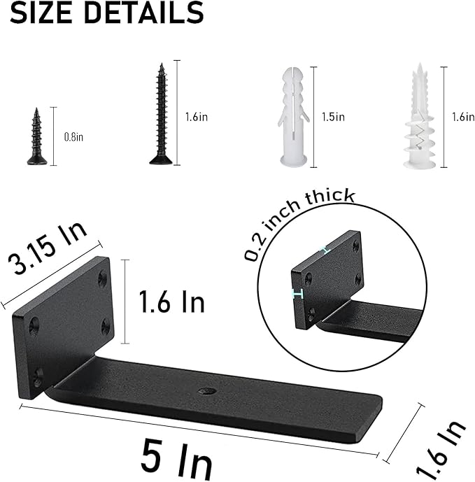 Heavy Duty Floating Shelf Brackets - 1/5 Inch Thick Industrial Black Metal L Brackets, Premium Solid Steel Shelf Supports for Shelves - 5 Inch Heavy Floating Shelves Hardware (6Pcs)