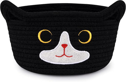 Cat Basket for Nursery, Small Storage Basket, Black Woven Rope Cotton Storage, Baby Blanket Bin with Cat Ears Handles, Animal Blanket Towel Halloween Decor Storage Bins, 8.2" x 4.7" IN