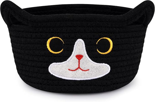Cat Basket for Nursery, Small Storage Basket, Black Woven Rope Cotton Storage, Baby Blanket Bin with Cat Ears Handles, Animal Blanket Towel Halloween Decor Storage Bins, 8.2" x 4.7" IN