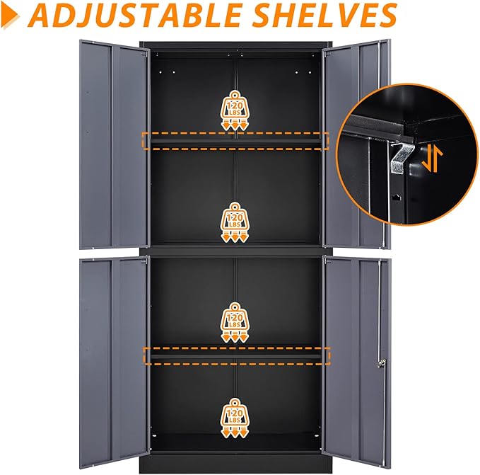 Metal Storage Locking Cabinet, 71" Tall Metal Cabinet with 4 Doors and 2 Adjustable Shelves, Locking Steel Cabinet for Home, School, Office, Gym, Garage Storage (Black Grey)