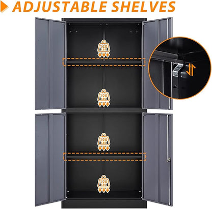 Metal Storage Locking Cabinet, 71" Tall Metal Cabinet with 4 Doors and 2 Adjustable Shelves, Locking Steel Cabinet for Home, School, Office, Gym, Garage Storage (Black Grey)