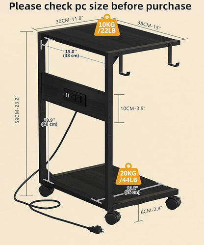 2 Tier Computer Tower Stand with Charging Station, 11.8" D x 16.5" W Rolling Floor PC Tower Stand Fits Under Desk, CPU Holder Cart for Carpet with Hooks, Home Office