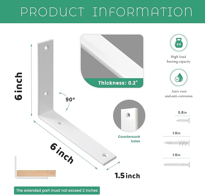 Shelf Brackets 6 Inch Wall L Brackets 8PCS Heavy Duty for Shelves Metal White Rustic Industrial Brackets for DIY Opening Shelves Project Hardware Included