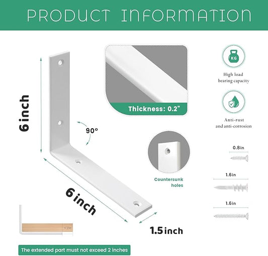 Shelf Brackets 6 Inch Wall L Brackets 8PCS Heavy Duty for Shelves Metal White Rustic Industrial Brackets for DIY Opening Shelves Project Hardware Included