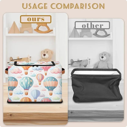 Colorful Hot Balloon Storage Bins with Zipper Lid, Collapsible Fabric Storage Basket with Leather Handles Closet Shelf Cloth Organizer Basket for Nursery Bedroom Clothes Toy