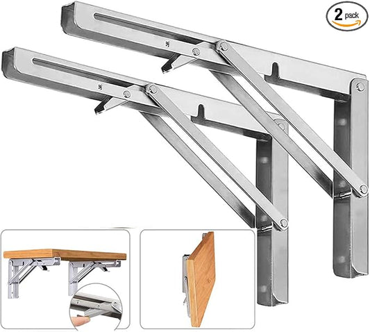 Folding Shelf Brackets, Max Load 300 lb, Heavy Duty Stainless Steel Collapsible Wall Mounted Shelf Brackets for Table, Space Saving DIY Bracket, Pack of 2 (10 Inch)