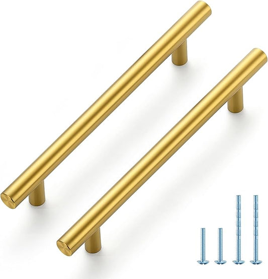 JOY DECOR 45 Pack 7-3/8 Inch Cabinet Pulls Kitchen Cabinet Handles with 5 Inch Hole Center Brushed Brass Cabinet Hardware Stainless Steel Kitchen Drawer Pulls for Cabinets Cupboard, 128mm Hole Centers