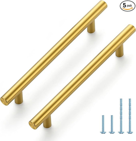 JOY DECOR 5 Pack 7-3/8 Inch Cabinet Pulls Kitchen Cabinet Handles with 5 Inch Hole Center Brushed Brass Cabinet Hardware Stainless Steel Kitchen Drawer Pulls for Cabinets Cupboard, 128mm Hole Centers