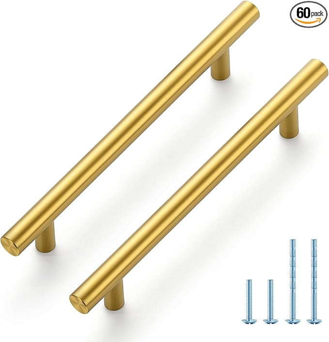 JOY DECOR 60 Pack 7-3/8 Inch Cabinet Pulls Kitchen Cabinet Handles with 5 Inch Hole Center Brushed Brass Cabinet Hardware Stainless Steel Kitchen Drawer Pulls for Cabinets Cupboard, 128mm Hole Centers
