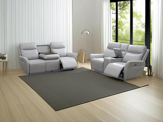 Power Recliner Sofa Set, Living Room Furniture Set, 2-Piece Sliver Grey Breathing Leather Reclining Sofa Loveseat with LED Light/Cup Holder/Storage Console/Drop-Down Table for Apartment/Office