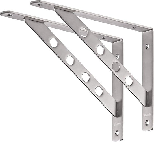 YUMORE Shelf Bracket 12", Stainless Steel Heavy Duty L Shaped Brackets Wall Mounted Floating Table Support with Hanging Holes Corner Brace 4mm Right Angle Joint Brackets, 2pcs, Max Load 400lbs