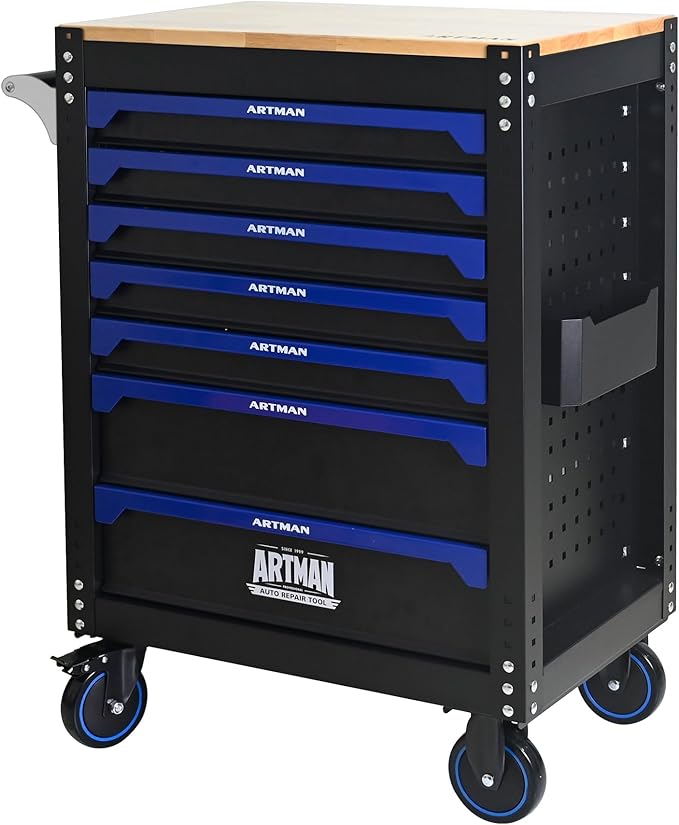 30 inch 7-Drawer Rolling Tool Chest with Wheels, Wood Countertop Heavy Duty Tool Cart, Locking System, Rolling Cabinet for Garage Warehouses, Repair Shops - Requires Assembly (Black&Blue)