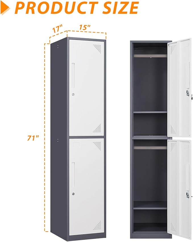 Metal Locker for Home, Dressing Room, 71" Steel Storage Lockers for Employees, Lockable Locker Cabinet with 2 Doors (Grey White)
