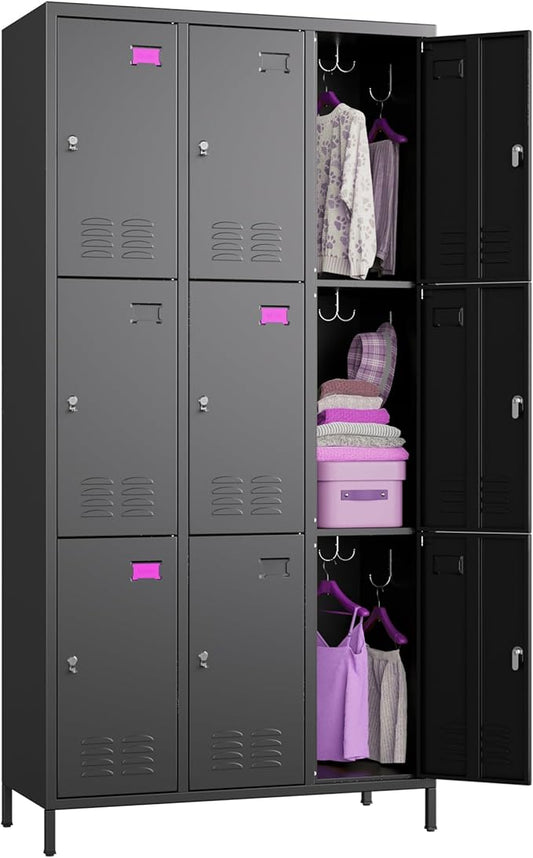 Aobabo 9 Doors Metal Storage Locker for Employees, Metal Locker with 27 Hooks for School Office Gym Garage, Black, Assembly Required