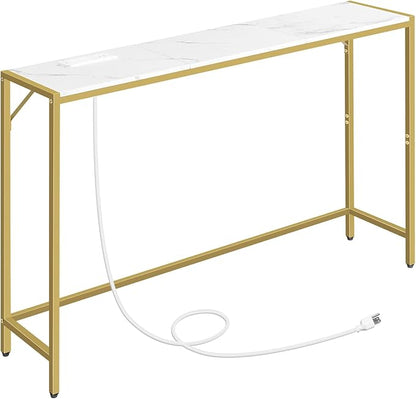 Console Table, Narrow Sofa Table, 43.3” Entrance Table with Power Station, Behind Couch Table, Simple Style, for Living Room, Hallway, Entryway, Foyer, Marble and Gold CTJM112E01