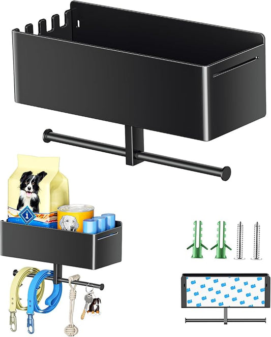 Dog Leash Holder for Wall, Dog Leash Hooks, Wall Mounted Leashes Hangers, Dog Storage Organizer, Key Holder with Storage Shelf, Pet Stuff Organizer for Pet Toys, Collar, Treats, Poop Bag (Black)