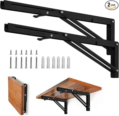 Storystore Folding Shelf Brackets - 22 Inch Heavy Duty Metal Collapsible Shelf Bracket for Bench Table, Shelf Hinge Wall Mounted Space Saving DIY Bracket, Max Load: 150 lb (2 PCS, Black)