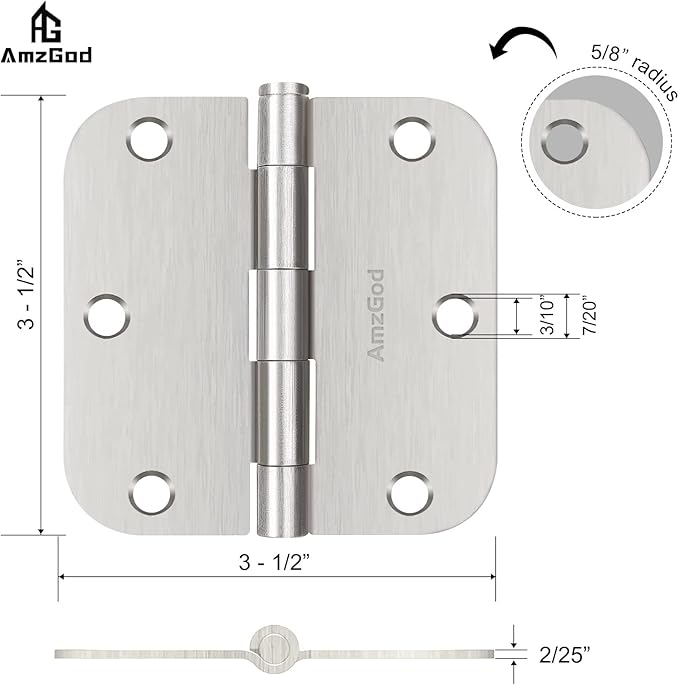 Door Hinges Brushed Nickel - 3 Pack Satin Nickel 3.5 Inch Rounded Interior Door Hinges with 5/8" Radius - Flat Iron Residential Standard 3 1/2 Inches Silver Door Hardware