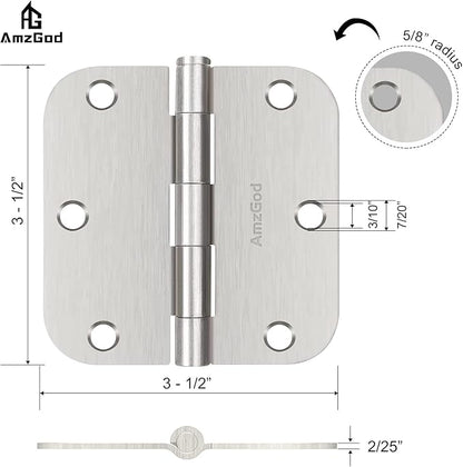 Door Hinges Brushed Nickel - 3 Pack Satin Nickel 3.5 Inch Rounded Interior Door Hinges with 5/8" Radius - Flat Iron Residential Standard 3 1/2 Inches Silver Door Hardware