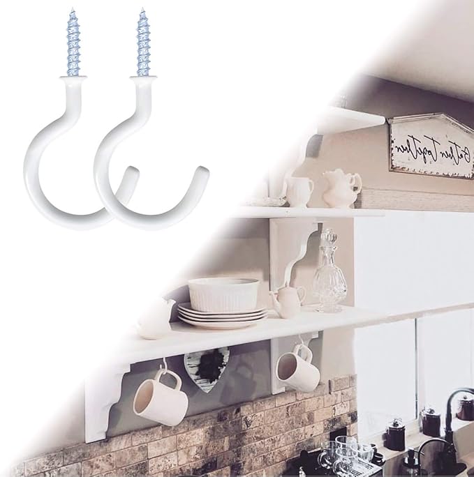 12 Pack Vinyl Coated Ceiling Hooks,Screw-in Mug Hooks,Multi-Function Wall Hooks Kitchen Hooks Cup Hooks for Indoors Outdoors (White, 1-1/4 Inch)