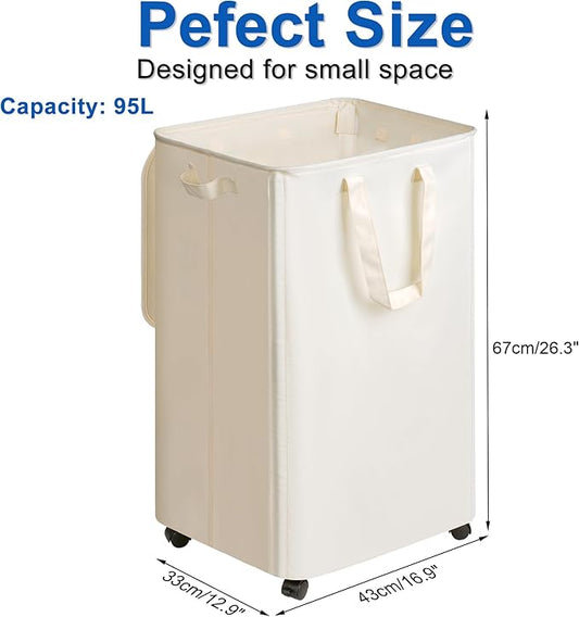Slim Laundry Hamper with Lid and Wheels, Small Rolling Laundry Basket with Handle for Small Spaces, Tall Dirty Clothes Hampers for Dorm, Bathroom and Bedroom, 95L, Beige