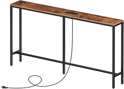 Skinny Console Table with Power Outlets, 55.1" Narrow Sofa Table, Behind Couch Table with Charging Station, Sofa Hallway Table for Plants, Living Room CTHR145E01