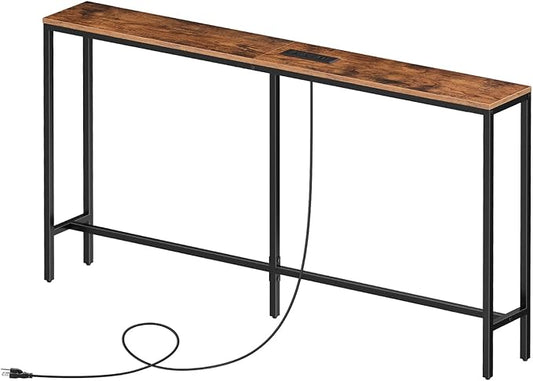 Skinny Console Table with Power Outlets, 55.1" Narrow Sofa Table, Behind Couch Table with Charging Station, Sofa Hallway Table for Plants, Living Room CTHR145E01