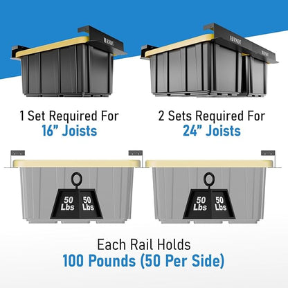 HANDT Overhead Garage Storage Rack, Connectable Heavy Duty Metal Ceiling Rails For Garage Storage Organization Shelving System, Hanging Racks For Tote Containers, Supports Up To 3 Bins, 2 Sets Black