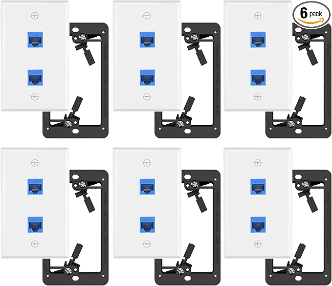 VCE 2-Port Ethernet Wall Plate (UL-Listed), CAT6 Wall Plate and Jack, RJ45 Keystone Wall Outlet with Single Gang Low Voltage Mounting Bracket, Blue 6-Pack